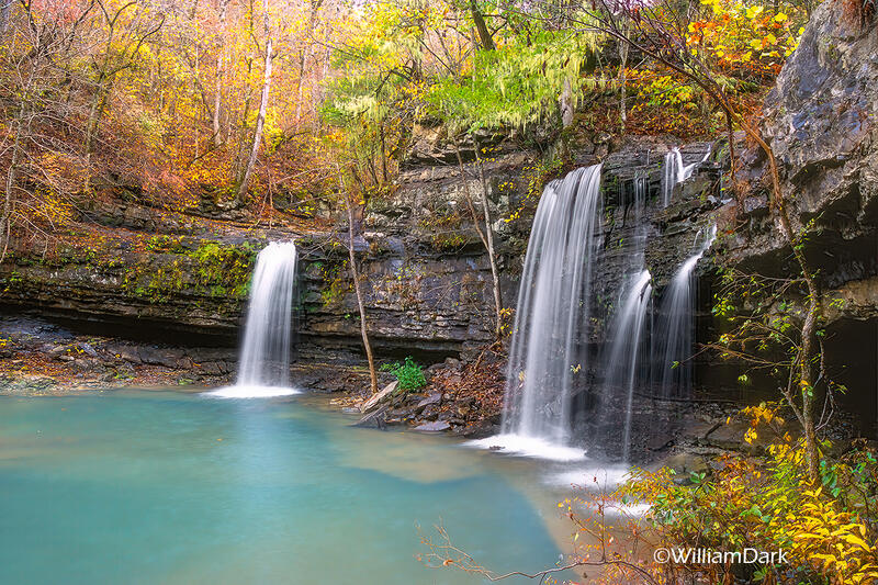A rare autumn scene of Twin Falls on Devil's Fork, located in the Richland Creek Wilderness Area of Arkansas.
