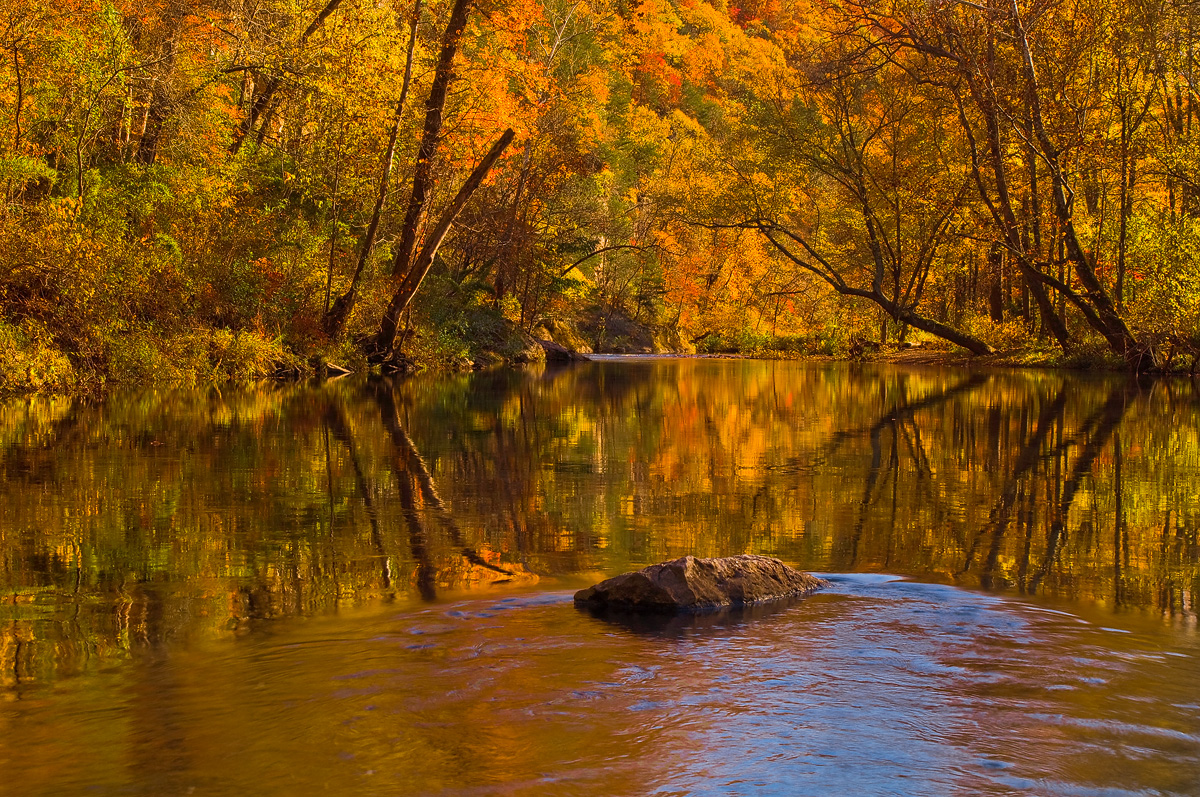 Blue sky reflects off the Buffalo River on a lazy autumn afternoon.  Arkansas Nature Photography
