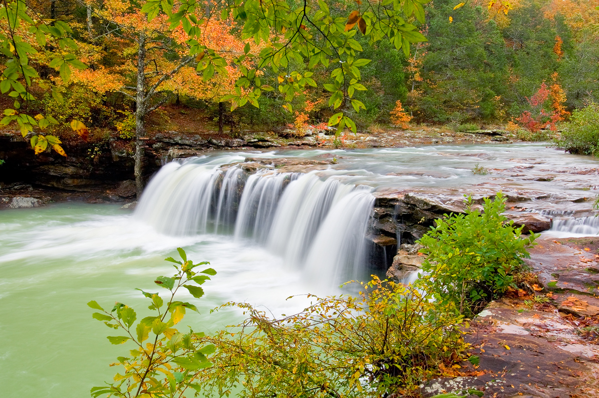 Rare autumn high flow over this scenic waterfall on Falling Water Creek.  Arkansas Nature Photography