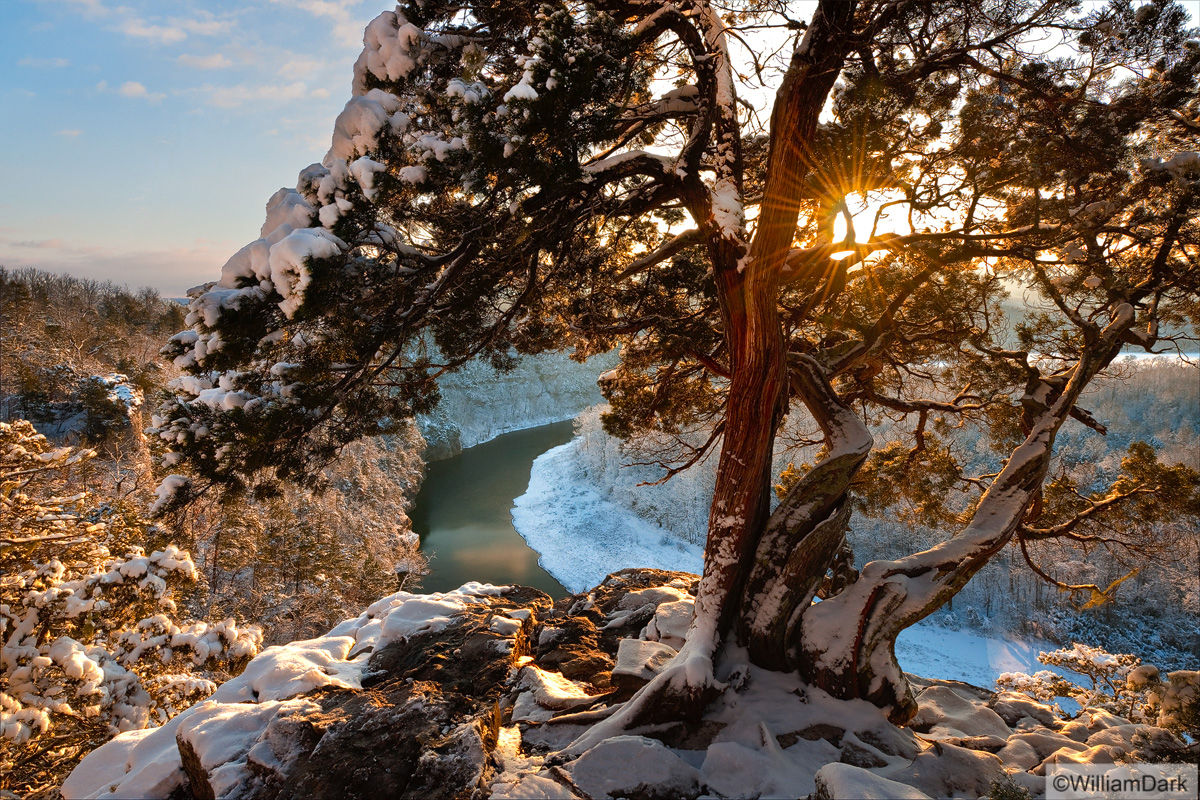 A fresh blanket of snow covers the landscape at sunset along the Buffalo River.
