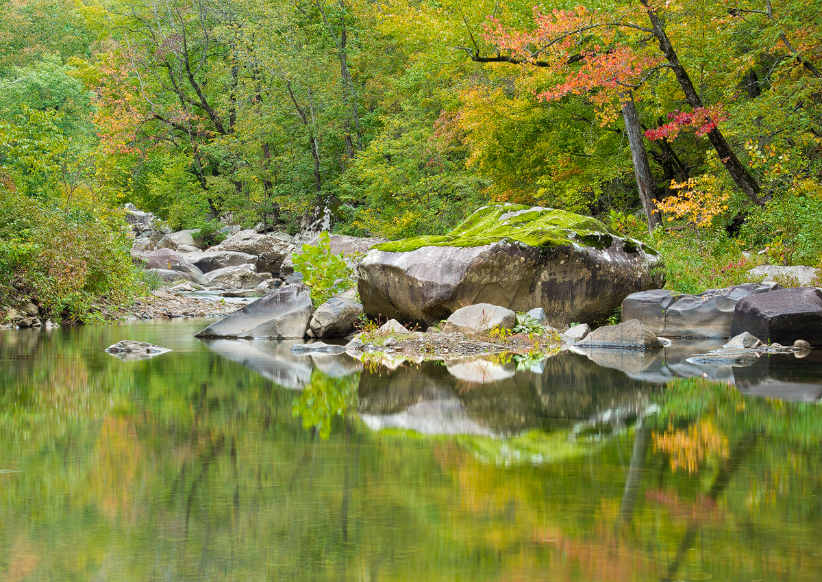 An early fall foliage reflection on one of the most pristine creeks in the state.  Arkansas Nature Photography