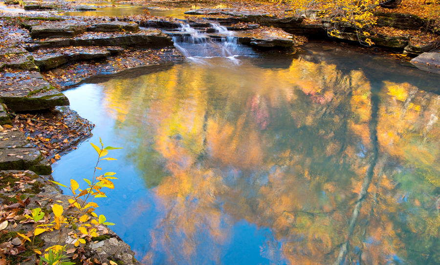 Autumn color and a blue sky reflect off this quiet pool on Haw Creek.