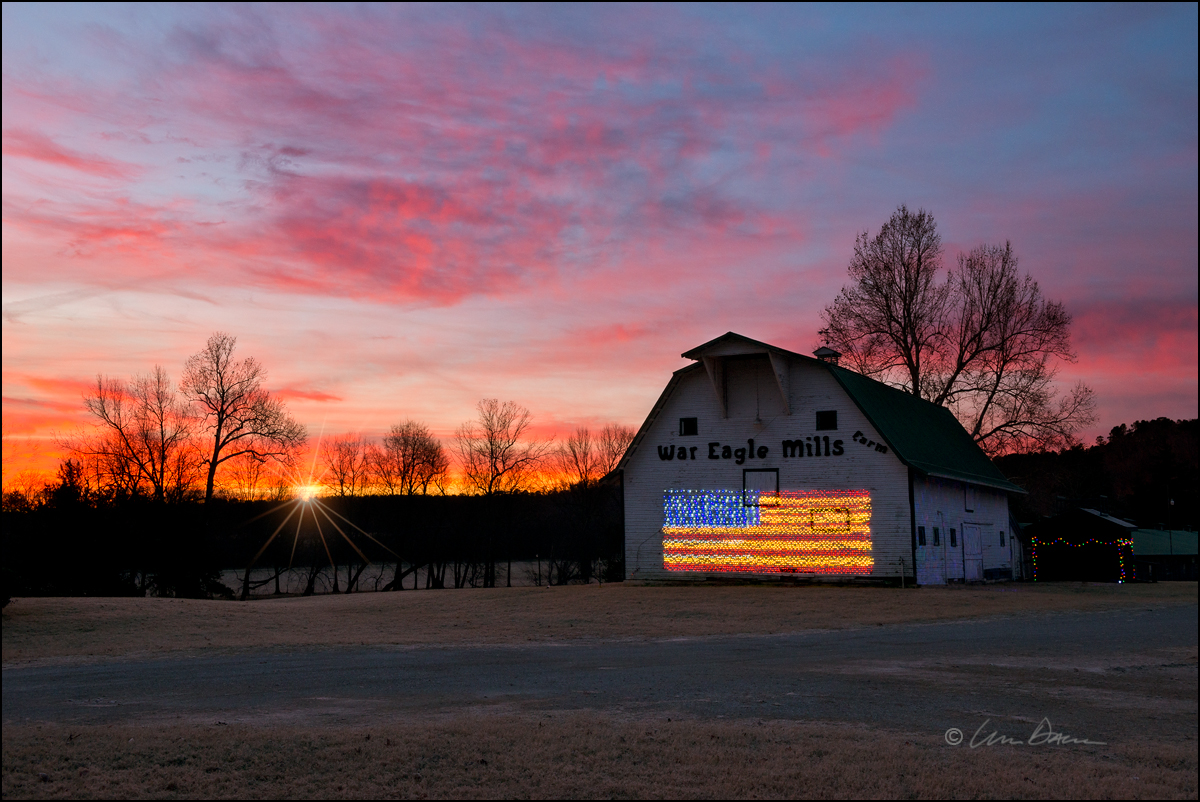 Sunrise over the War Eagle Farms barn, site of the legendary arts and crafts fair each year in October.