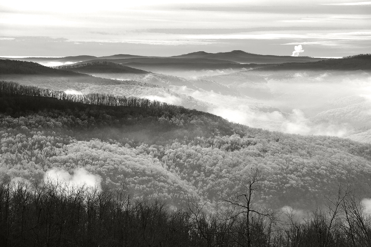 A frosty morning view of Home Valley, with the steam plume from Arkansas Nuclear One visible some 40 miles away.  Hoar frost...