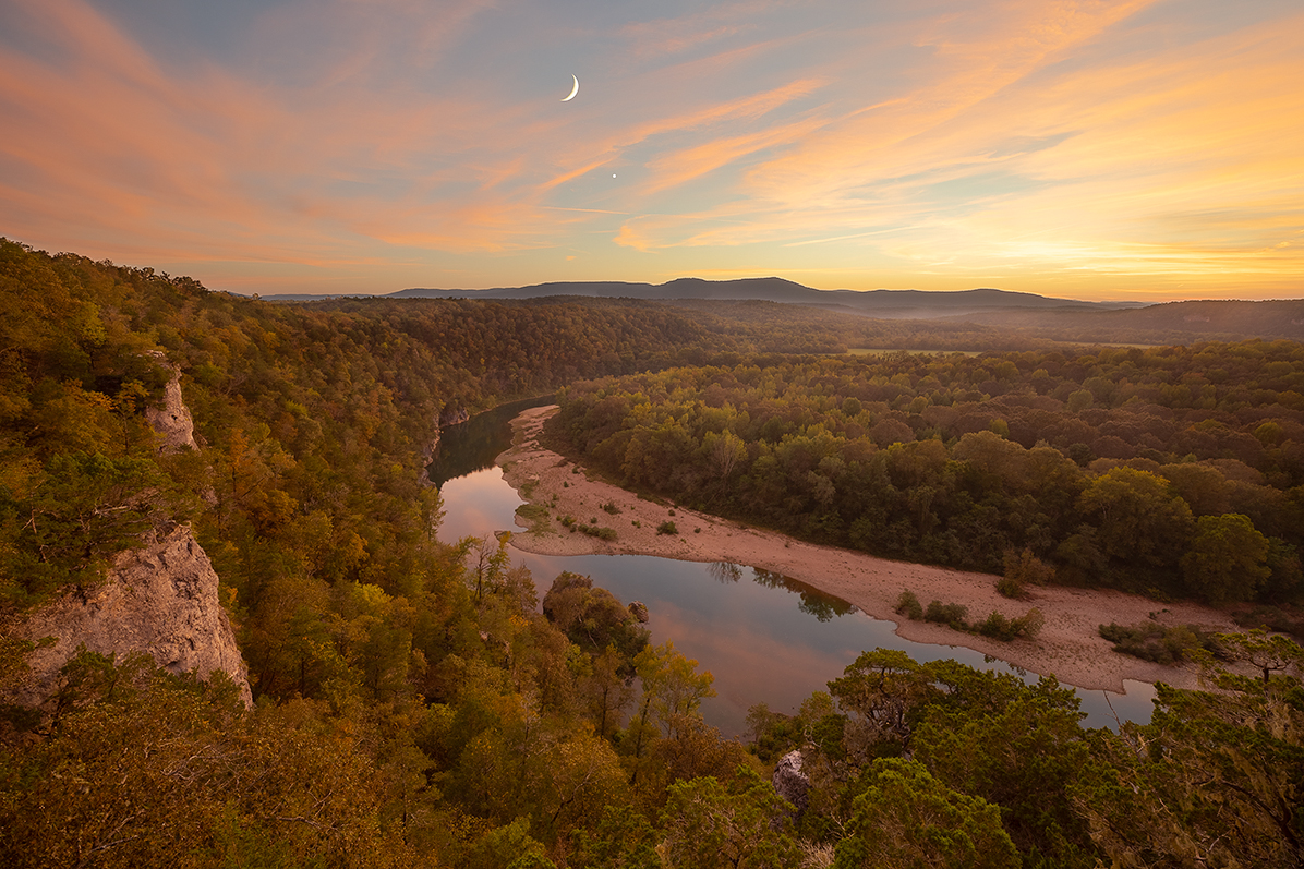 One of the prettiest sunsets I've seen over the Buffalo River, along with a setting crescent moon and Venus.