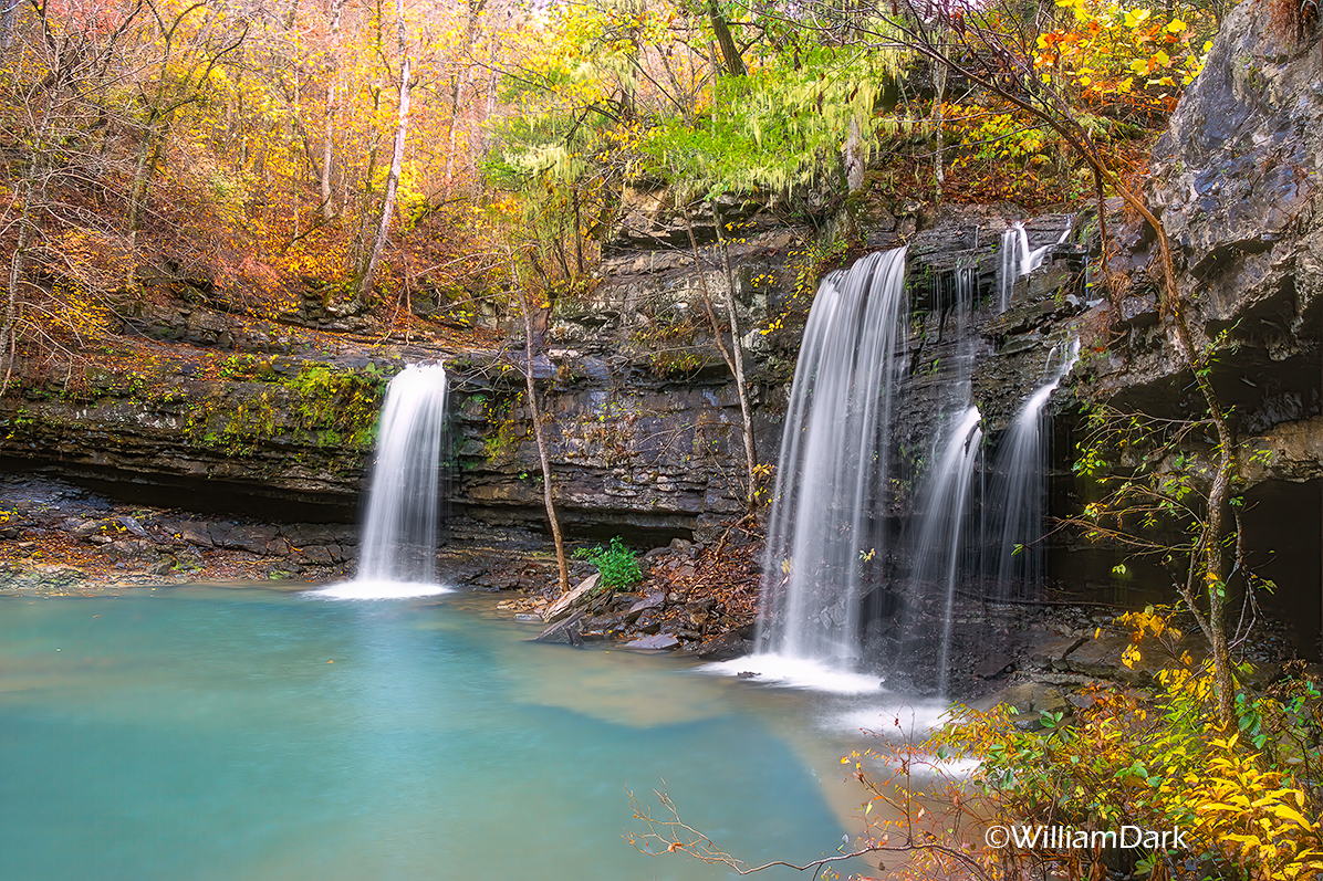 A rare autumn scene of Twin Falls on Devil's Fork, located in the Richland Creek Wilderness Area of Arkansas.